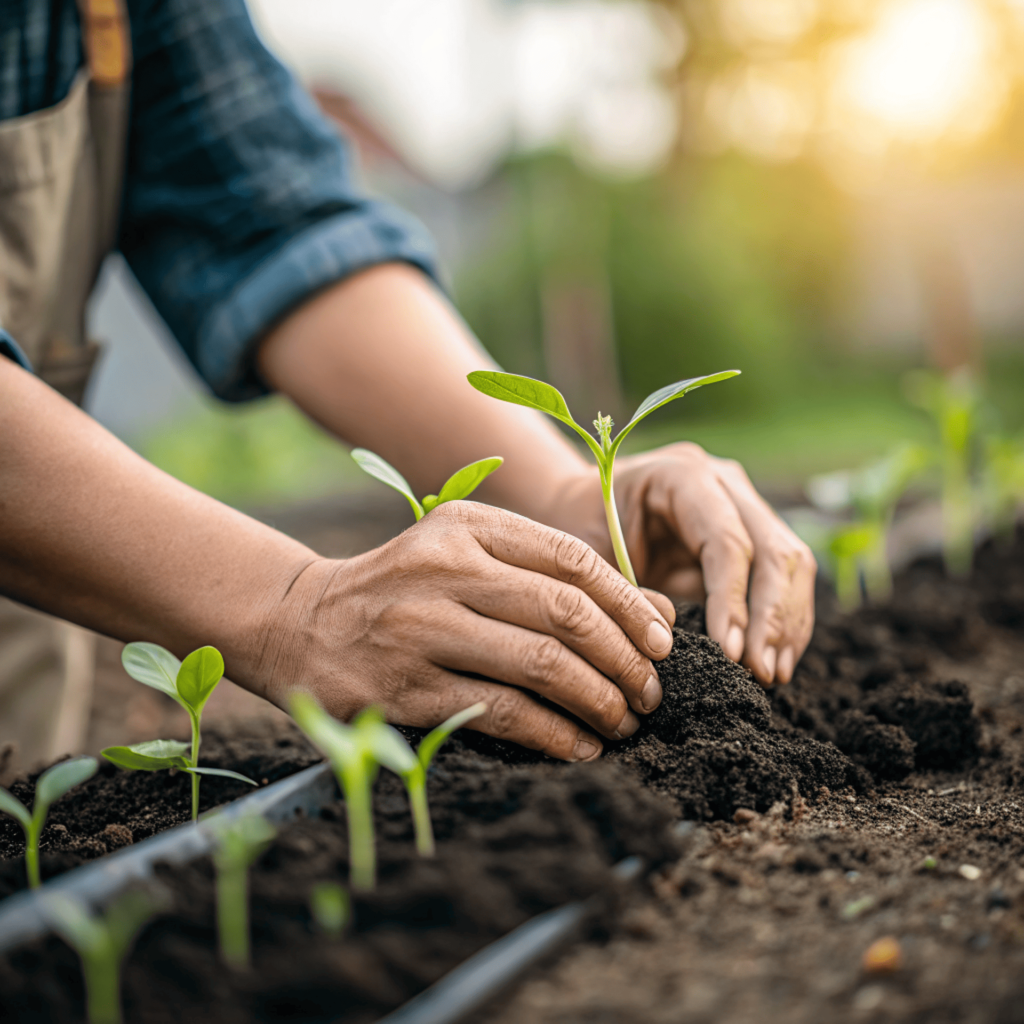 Jardinier en train de planter des jeunes pousses de plante dans la terre